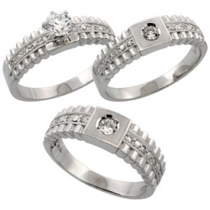 Silver 3-Piece Trio His & Hers CZ Wedding Ring Band Set