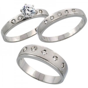 Sterling Silver 3-Piece Trio His CZ Wedding Ring Band Set
