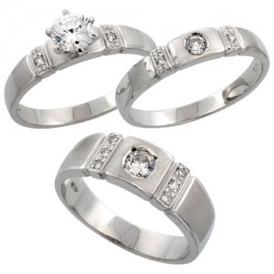 Sterling Silver 3-Piece Trio His Hers CZ Wedding Ring Band Set