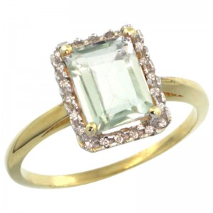 14K Yellow Gold Diamond Green Amethyst Ring Emerald Shape