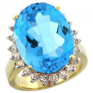 14K Yellow Gold Diamond Halo Swiss Blue Topaz Ring 10ct
