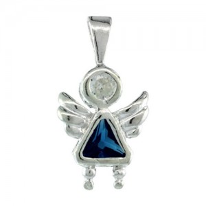 Sterling Silver Birthstone Angel Pendant with Blue Topaz Color Cubic Zirconia