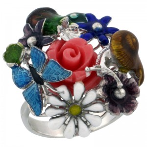 Sterling Silver Multi Color Enamel Butterfly & Flowers Ring