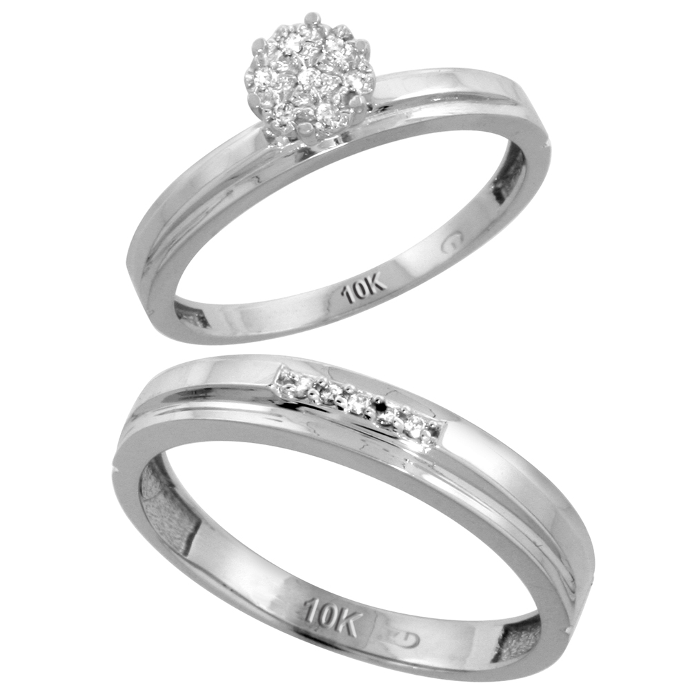 10k White Gold Diamond Engagement Rings Set for Men and Women 2-Piece 0.08 cttw Brilliant Cut, 3mm & 4mm wide