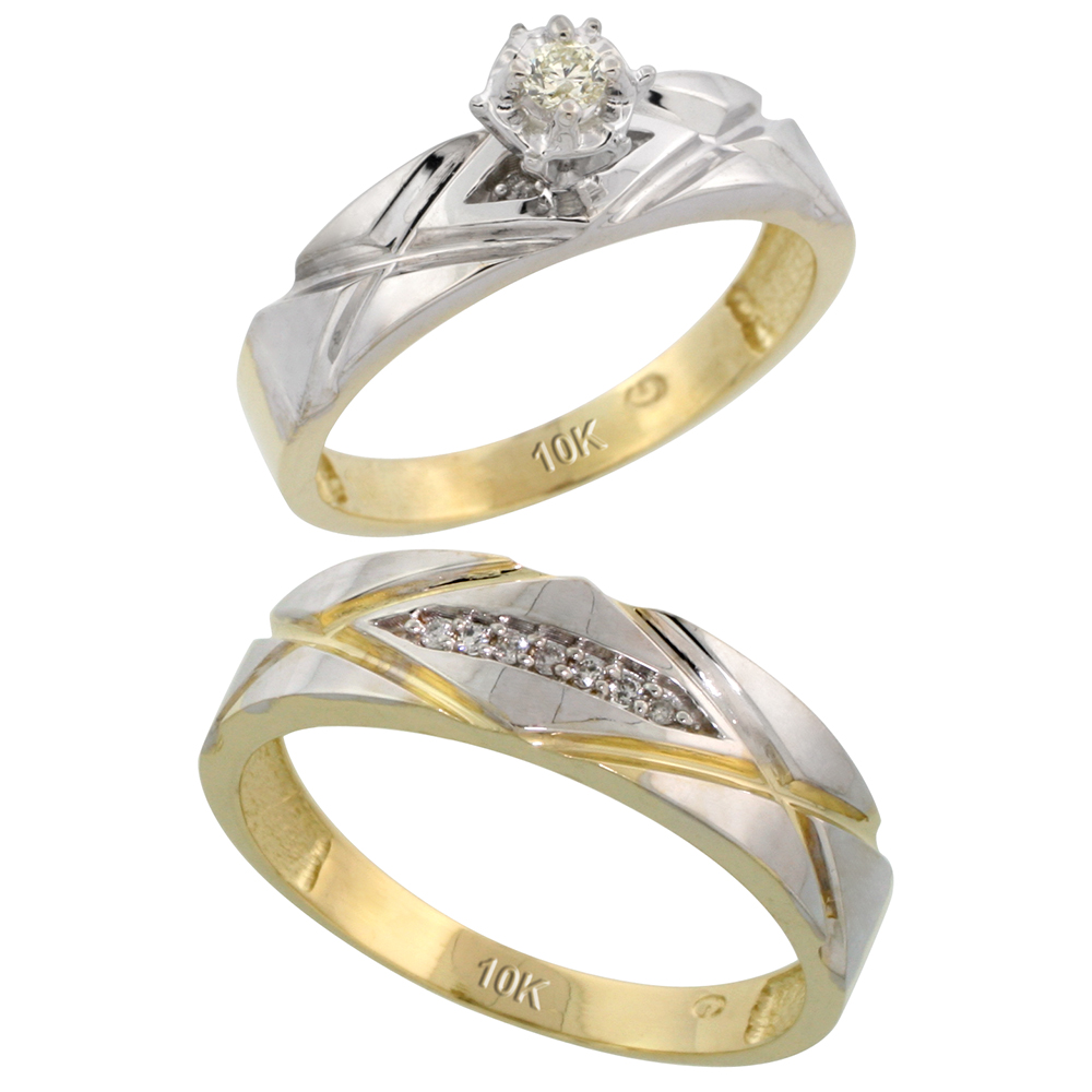 10k Yellow Gold 2-Piece Diamond wedding Engagement Ring Set for Him and Her, 5mm & 6mm wide