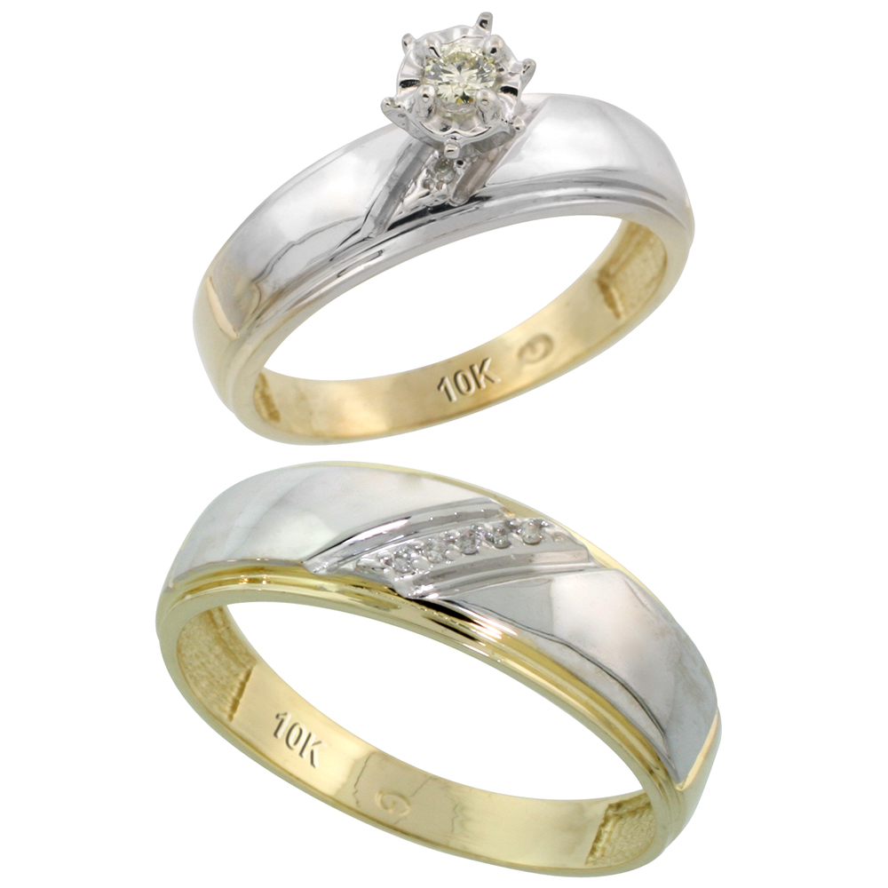 10k Yellow Gold 2-Piece Diamond wedding Engagement Ring Set for Him and Her, 5.5mm & 7mm wide