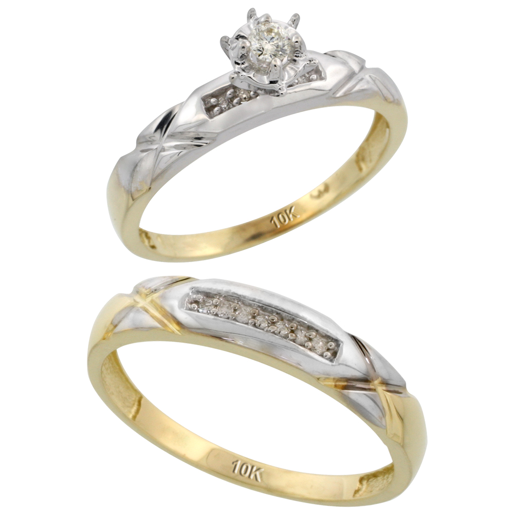 10k Yellow Gold 2-Piece Diamond wedding Engagement Ring Set for Him and Her, 3.5mm & 4mm wide