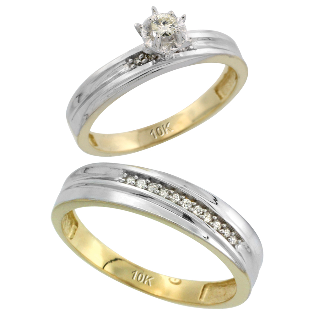 10k Yellow Gold 2-Piece Diamond wedding Engagement Ring Set for Him and Her, 3mm & 5mm wide