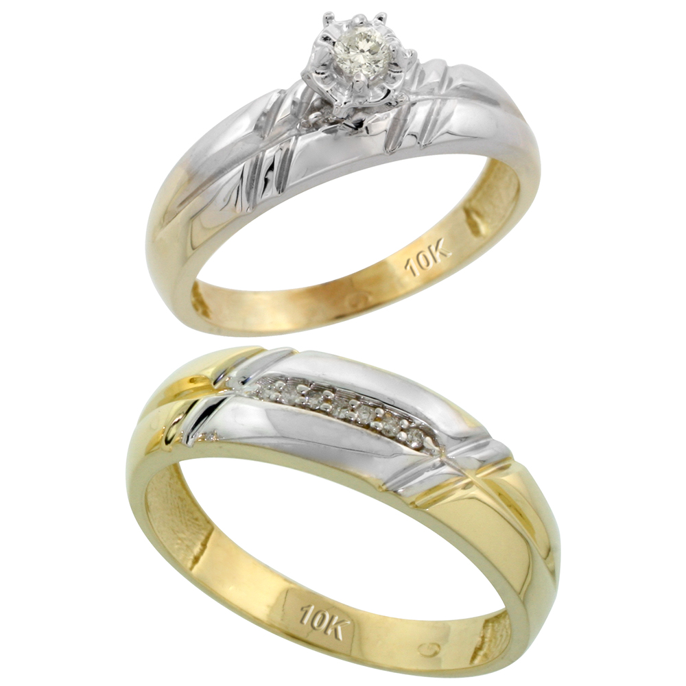 10k Yellow Gold 2-Piece Diamond wedding Engagement Ring Set for Him and Her, 5.5mm & 6mm wide