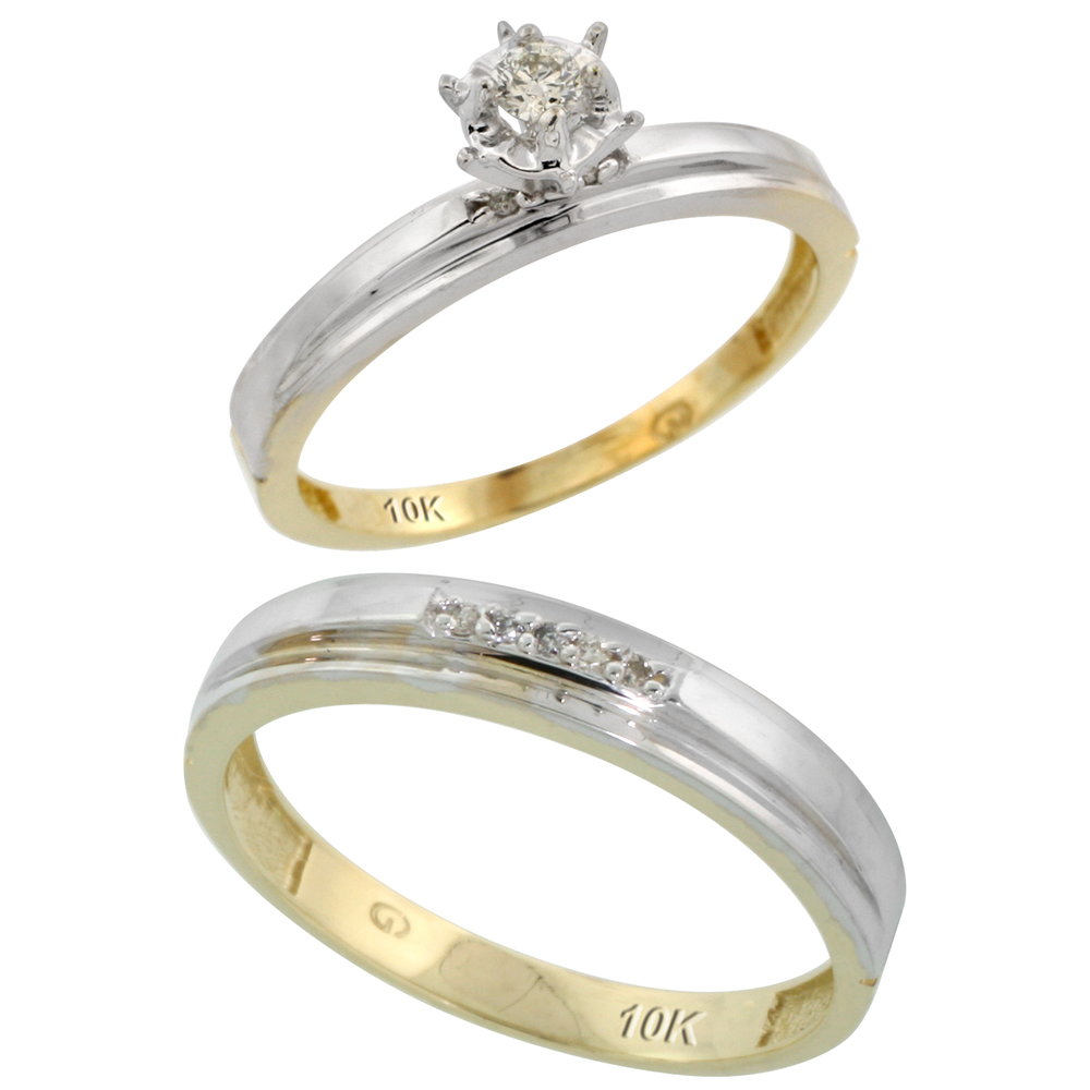 10k Yellow Gold 2-Piece Diamond wedding Engagement Ring Set for Him and Her, 3mm & 4mm wide