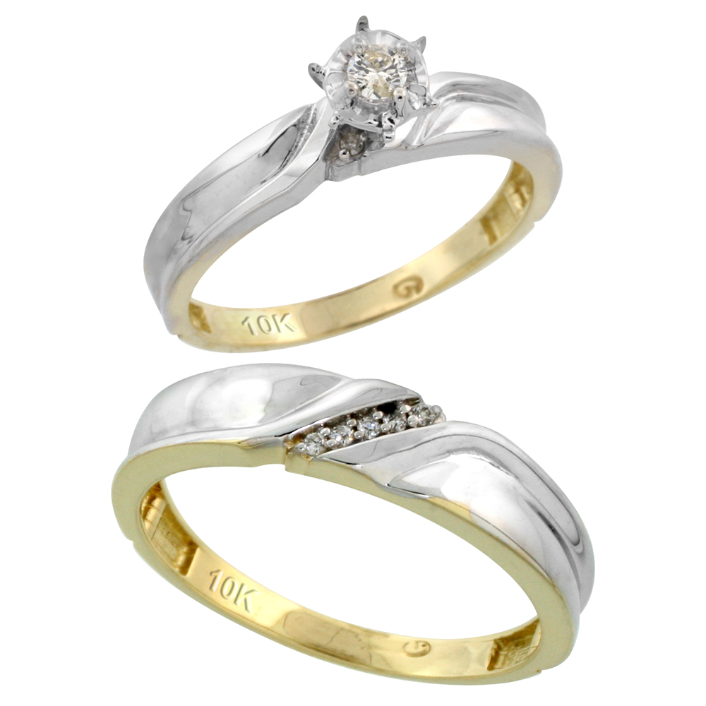 10k Yellow Gold 2-Piece Diamond wedding Engagement Ring Set for Him and Her, 3.5mm & 5mm wide