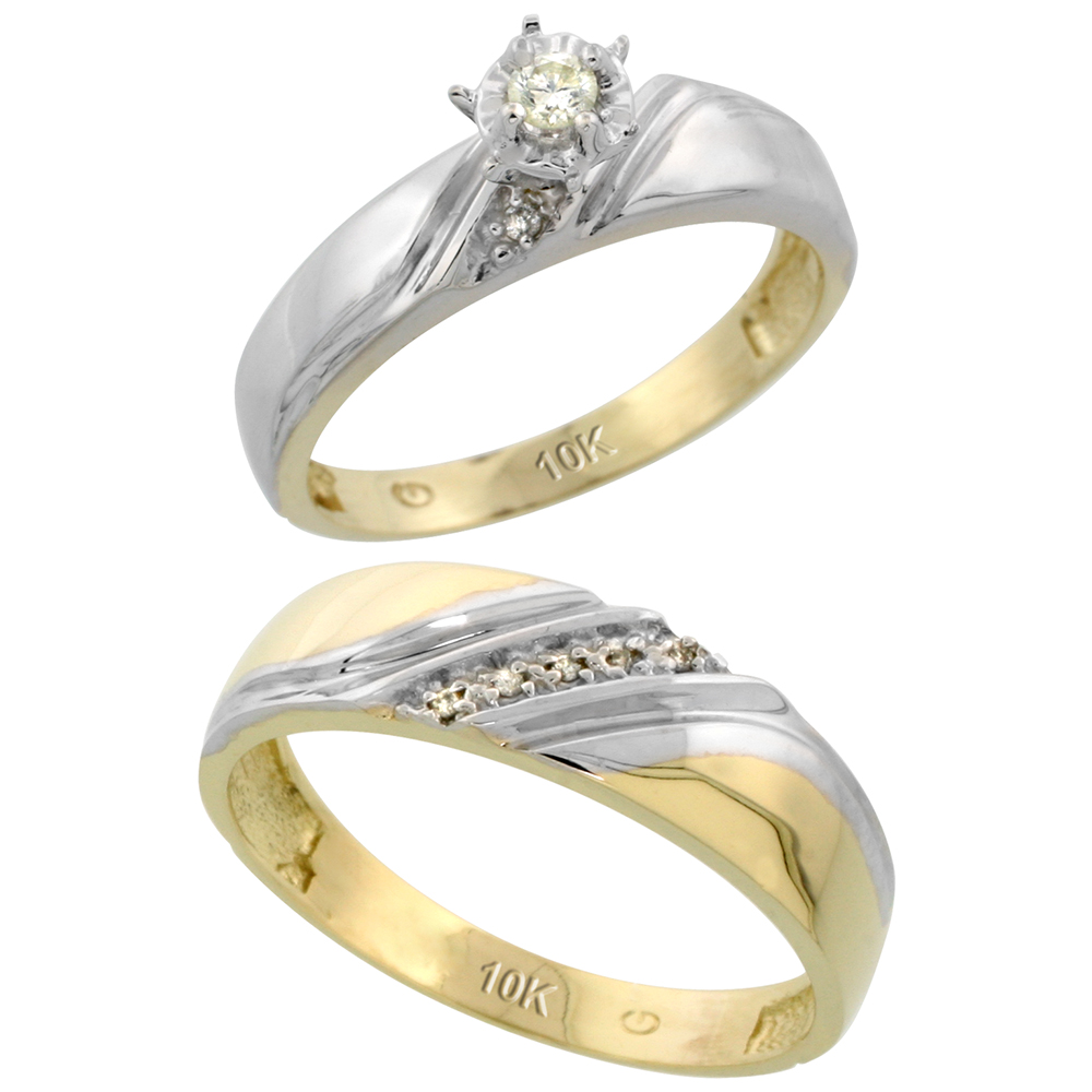 10k Yellow Gold 2-Piece Diamond wedding Engagement Ring Set for Him and Her, 4.5mm & 6mm wide