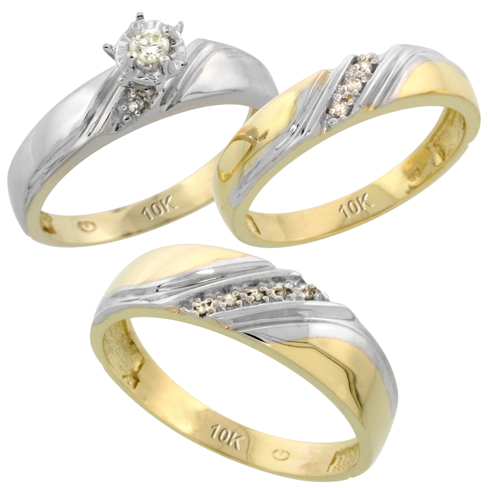 10k Yellow Gold Diamond Trio Wedding Ring Set His 6mm & Hers 4.5mm, Men's Size 8 to 14