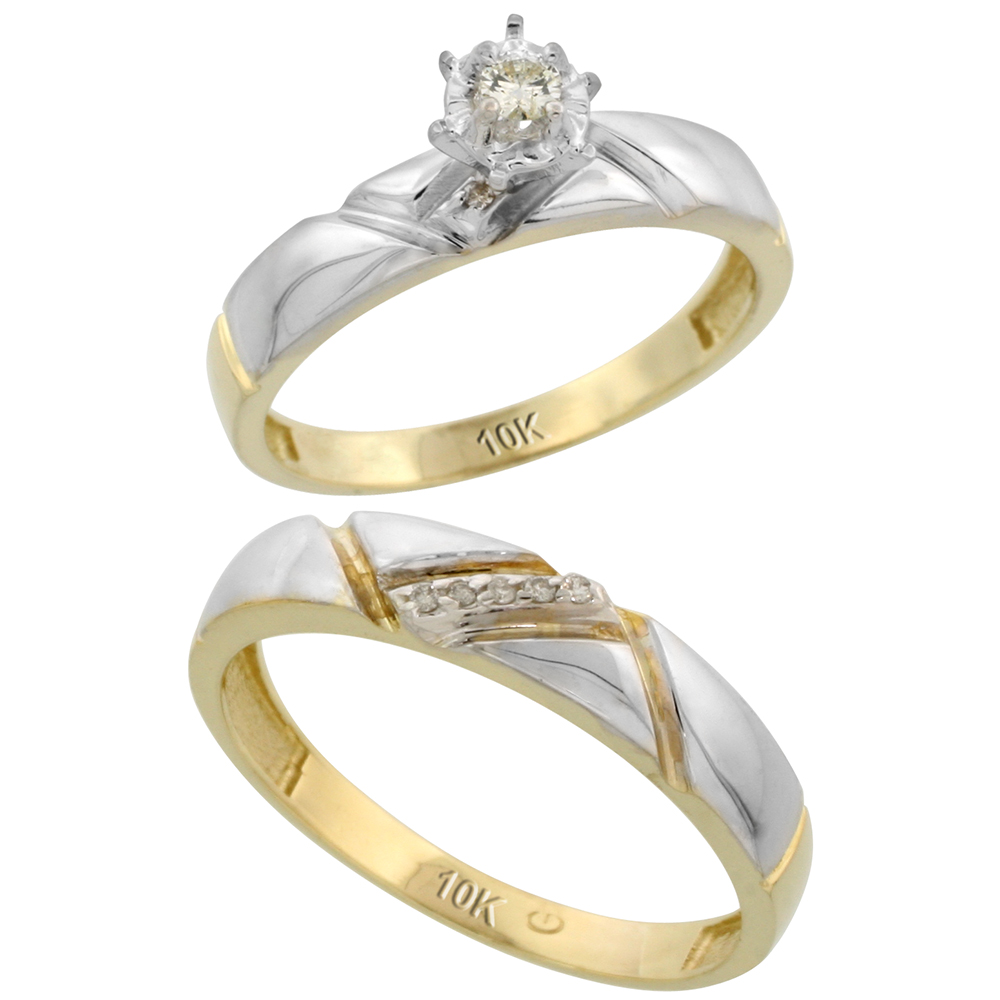 10k Yellow Gold 2-Piece Diamond wedding Engagement Ring Set for Him and Her, 4mm & 4.5mm wide