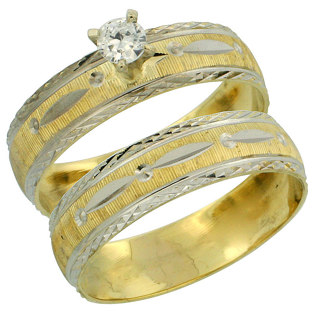 10k Gold Ladies' 2-Piece 0.10 Carat Diamond Engagement Ring Set Diamond-cut Pattern Rhodium Accent, 3/16 in. (4.5mm) wide, Sizes 5 - 10