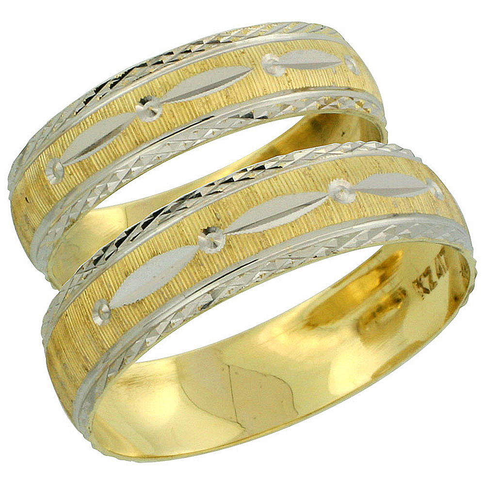 10k Gold 2-Piece Wedding Band Ring Set Him & Her 5.5mm & 4.5mm Diamond-cut Pattern Rhodium Accent, Ladies' Sizes 5 - 10 & Men's Sizes 8 - 14