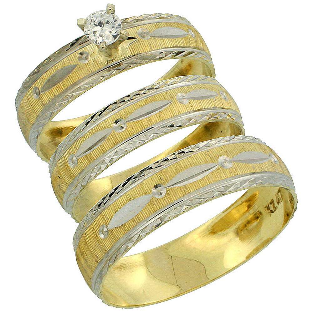 10k Gold 3-Piece Trio Diamond Wedding Ring Set Him & Her 0.10 ct Rhodium Accent Diamond-cut Pattern , Ladies Sizes 5 - 10 & Men's Sizes 8 - 14