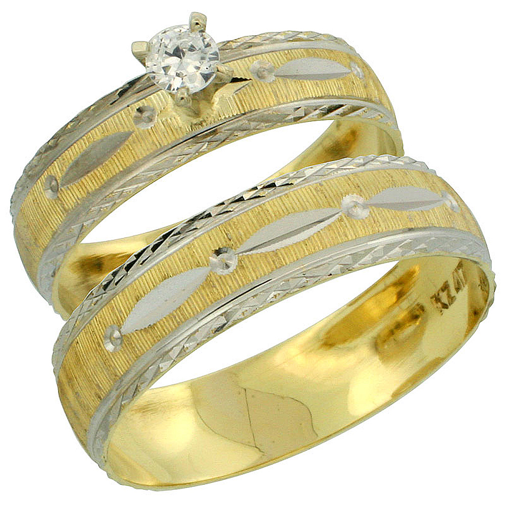 10k Gold 2-Piece Diamond Engagement Ring & Wedding Band Set his and hers 0.10 cttw Rhodium Accent Diamond-cut Pattern, 4.5mm & 5.5mm wide , Ladies' Sizes 5 - 10 & Men's Size 8 - 14