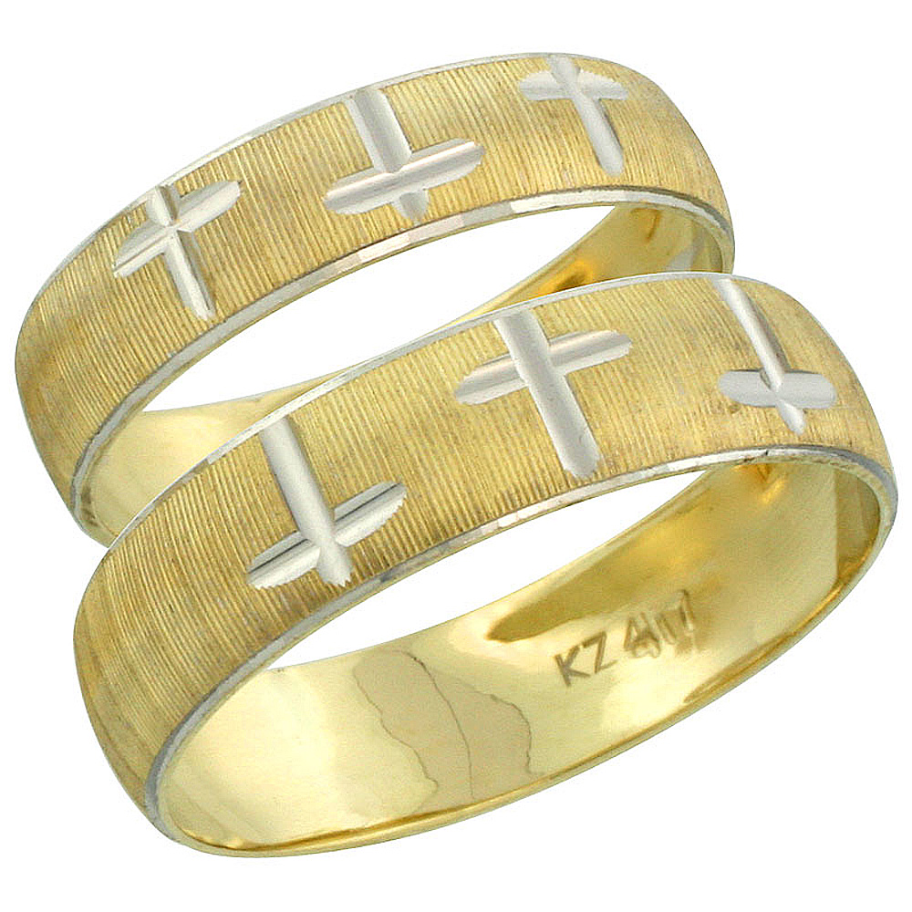 10k Gold 2-Piece Wedding Band Ring Set Him & Her 5.5mm & 4.5mm Diamond-cut Pattern Rhodium Accent, Ladies' Sizes 5 - 10 & Men's 