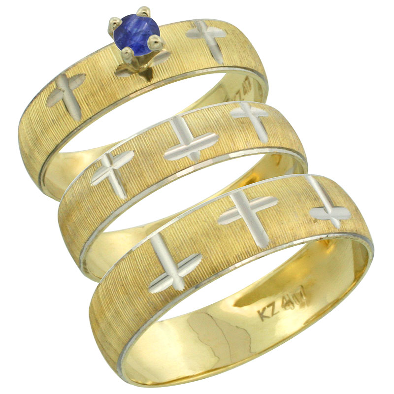 10k Gold 3-Piece Trio Blue Sapphire Wedding Ring Set Him & Her 0.10 ct Rhodium Accent Diamond-cut Pattern, Ladies Sizes 5 - 10 &