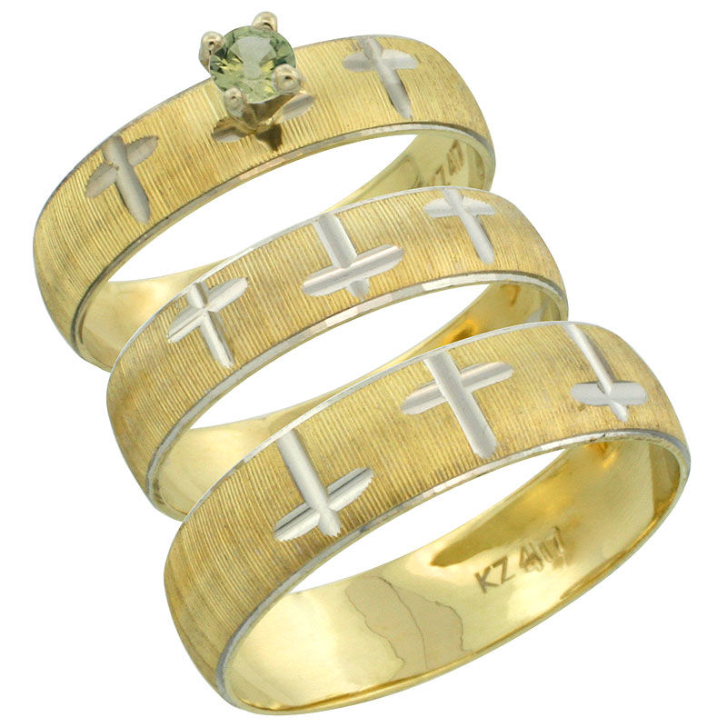 10k Gold 3-Piece Trio Green Sapphire Wedding Ring Set Him & Her 0.10 ct Rhodium Accent Diamond-cut Pattern, Ladies Sizes 5 - 10 