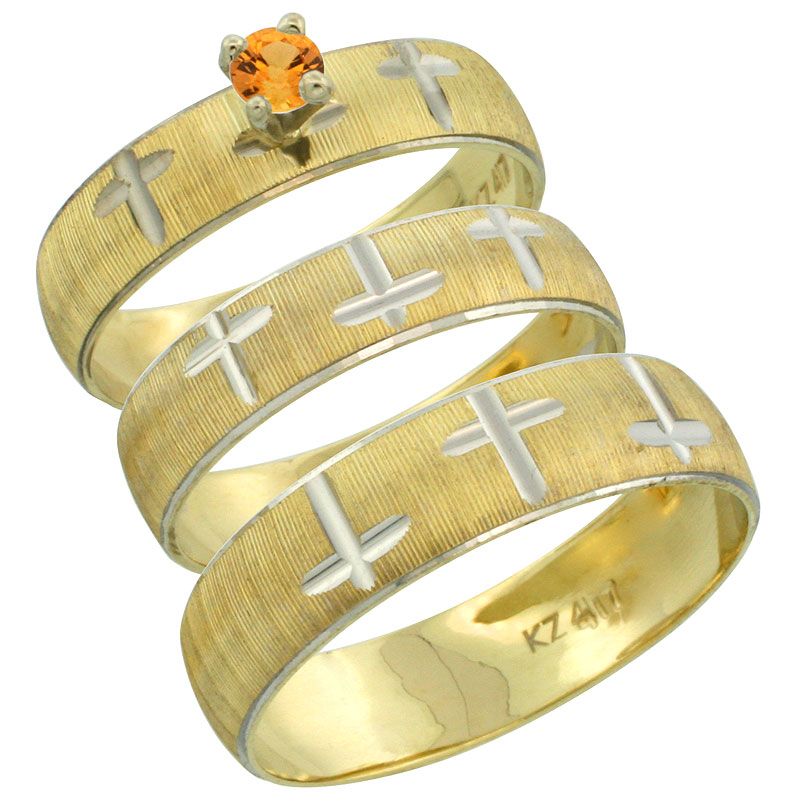 10k Gold 3-Piece Trio Orange Sapphire Wedding Ring Set Him & Her 0.10 ct Rhodium Accent Diamond-cut Pattern, Ladies Sizes 5 - 10