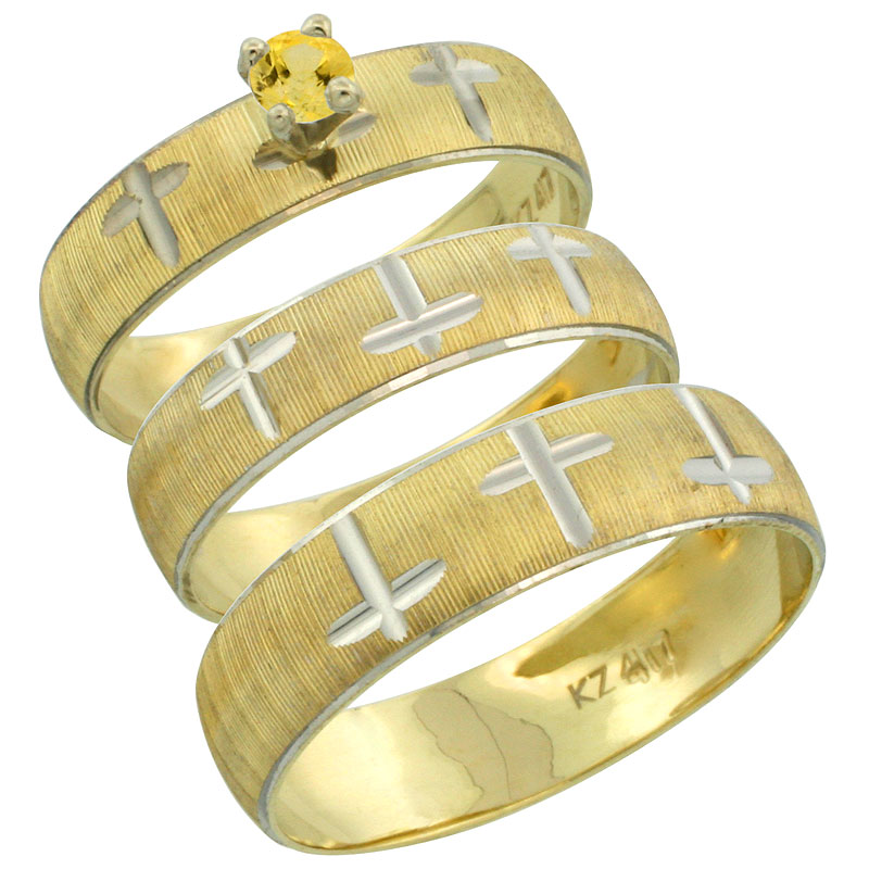 10k Gold 3-Piece Trio Yellow Sapphire Wedding Ring Set Him & Her 0.10 ct Rhodium Accent Diamond-cut Pattern, Ladies Sizes 5 - 10