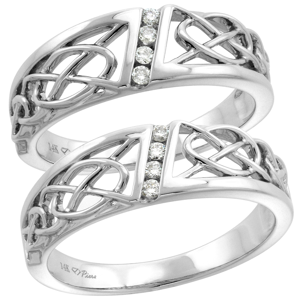 14k White Gold Genuine Diamond 7mm His & 6mm Hers Celtic Knot Wedding Band Set 2 Piece 0.14ct, size 5-10