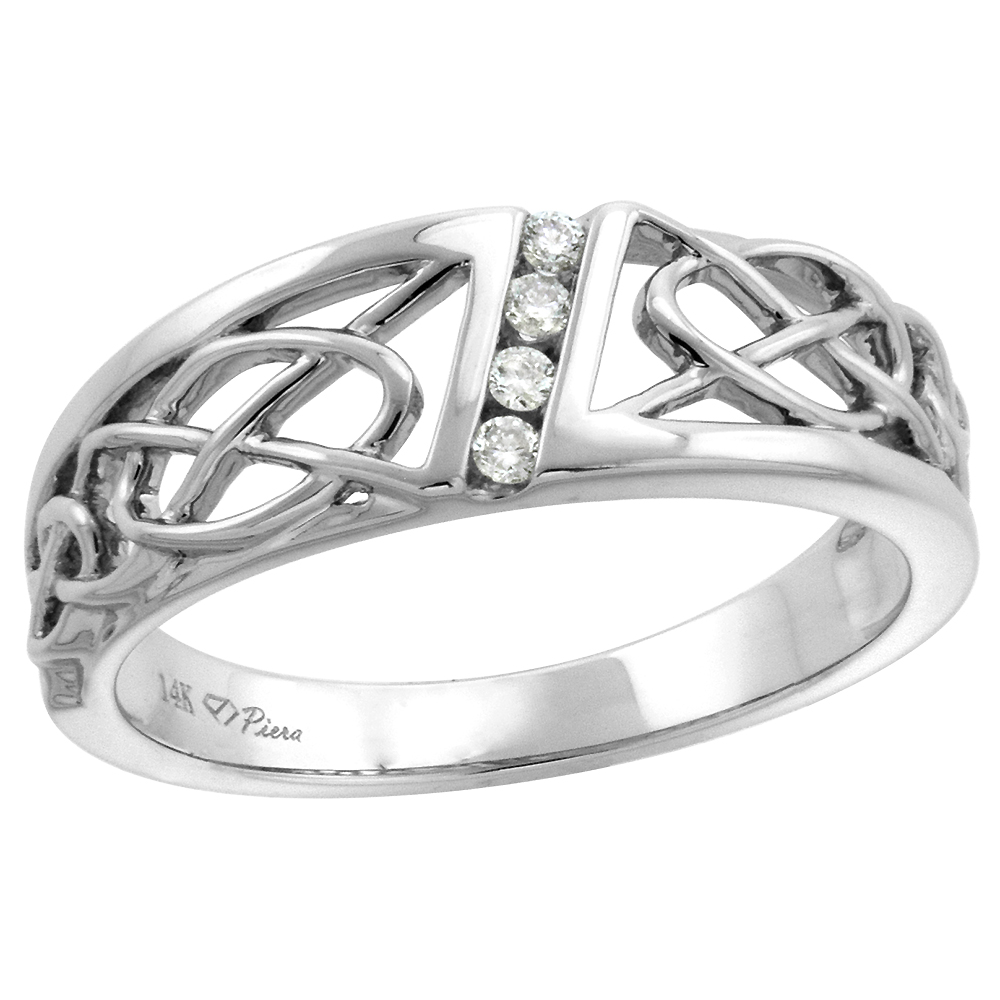 14k White Gold Genuine Diamond Celtic Knot Wedding Band for Women 6mm 0.06 ct, size 5-10