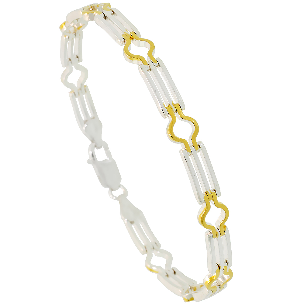 Sterling Silver Striped Bar Link Bracelet w/ Gold Finish (Available in 7 in. & 8 in.), 1/4 in. (6 mm) wide