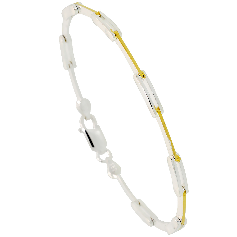Sterling Silver Thin Cut Out Bar Link Bracelet w/ Gold Finish (Available in 7 in. & 8 in.), 1/8 in. (3 mm) wide