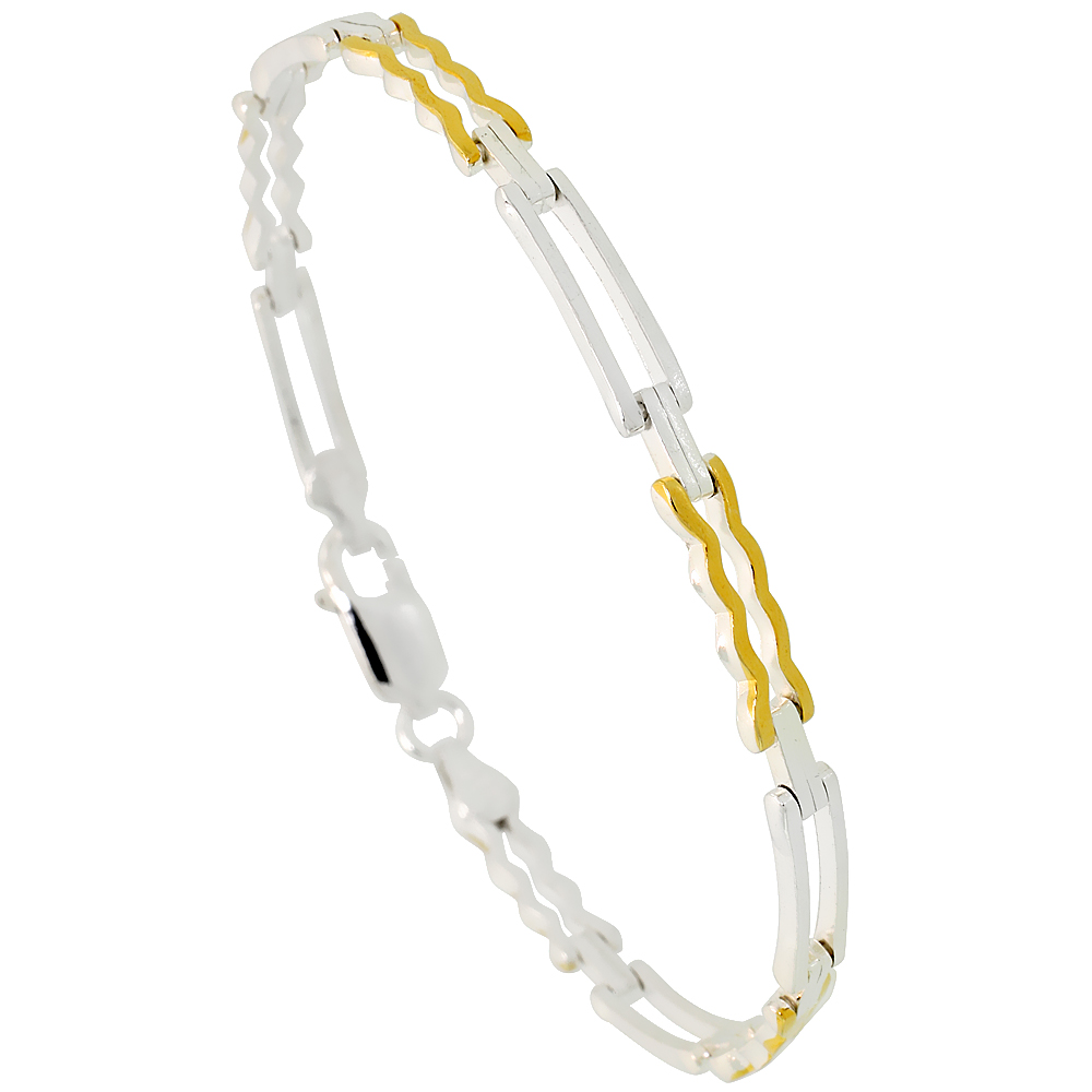 Sterling Silver Cut Out Bar Link Bracelet w/ Gold Finish (Available in 7 in. & 8 in.), 5/32 in. (4 mm) wide
