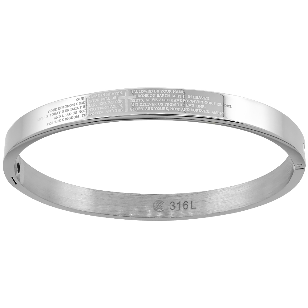 Stainless Steel Lords Prayer Bangle Bracelet for Women Oval High Polish 1/4 inch wide, fits 7 inch wrists