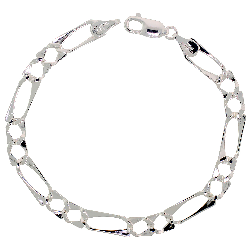 Sterling Silver 6mm Flat Figaro Link Bracelet 1/4 inch wide, 8 inch long