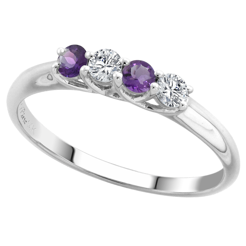 14k White Gold Genuine Amethyst and Diamond 4-Stone Ring Round Brilliant cut 0.17ct 2.7mm, size 5-10