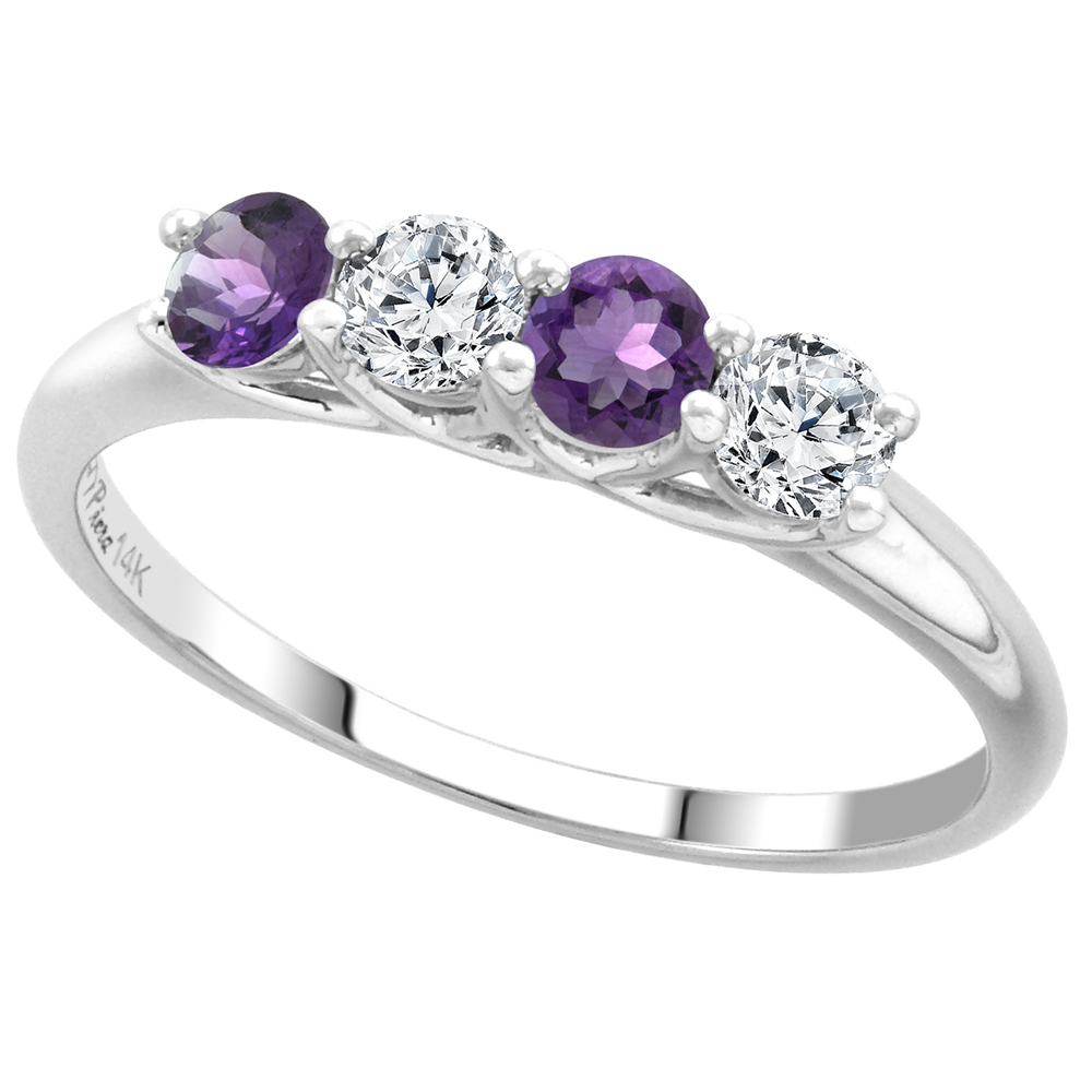 14k White Gold Genuine Amethyst and Diamond 4-Stone Ring Round Brilliant cut 0.28ct 3.2mm, size 5-10