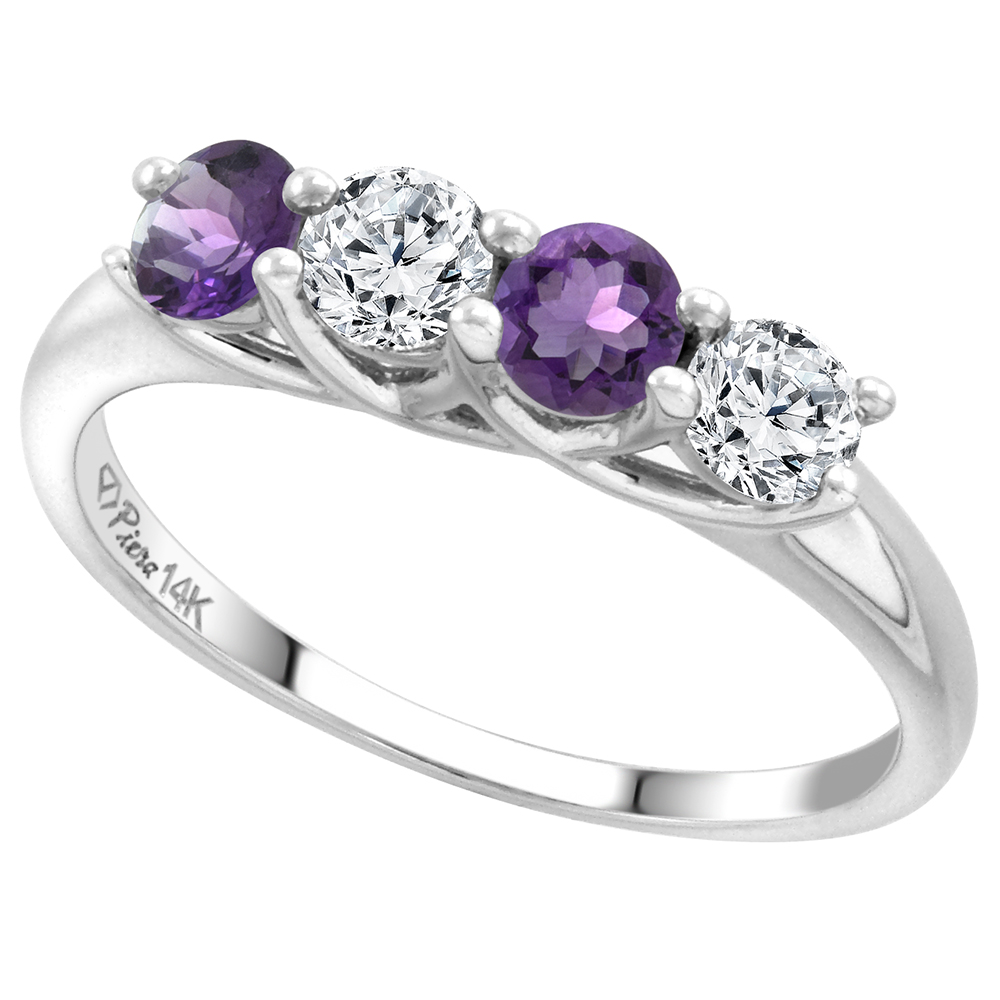 14k White Gold Genuine Amethyst and Diamond 4-Stone Ring Round Brilliant cut 0.4cttw 3.7mm size 5-10