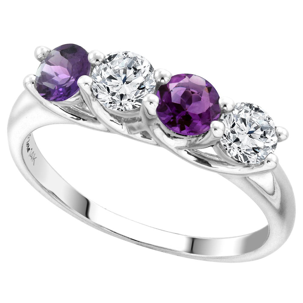 14k White Gold Genuine Amethyst and Diamond 4-Stone Ring Round Brilliant cut 0.5cttw 4.1mm size 5-10