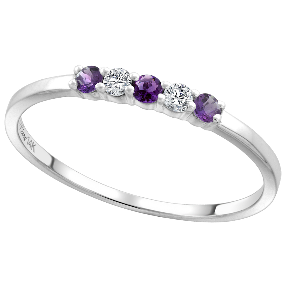 14k White Gold Genuine Amethyst and Diamond 5-Stone Ring Round Brilliant cut 0.08cttw 2mm, size 5-10