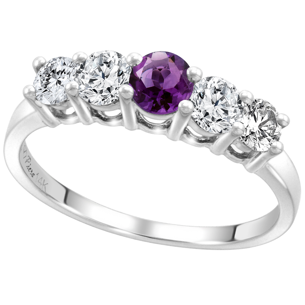 14k White Gold 0.6ct Diamond & Genuine Amethyst 5-Stone Ring Round Brilliant cut 4mm, size 5-10