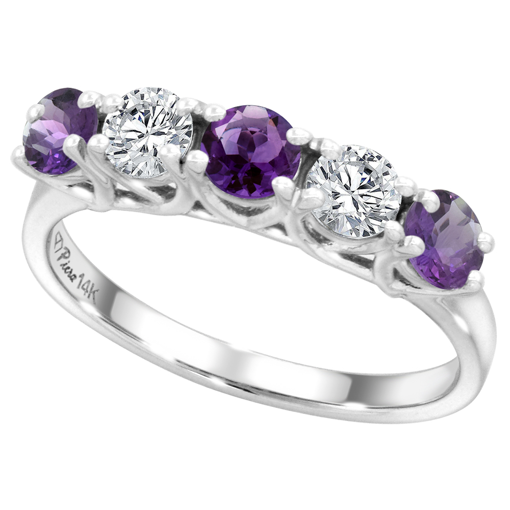 14k White Gold Genuine Amethyst and Diamond 5-Stone Ring Round Brilliant cut 0.4ct 3.7mm, size 5-10