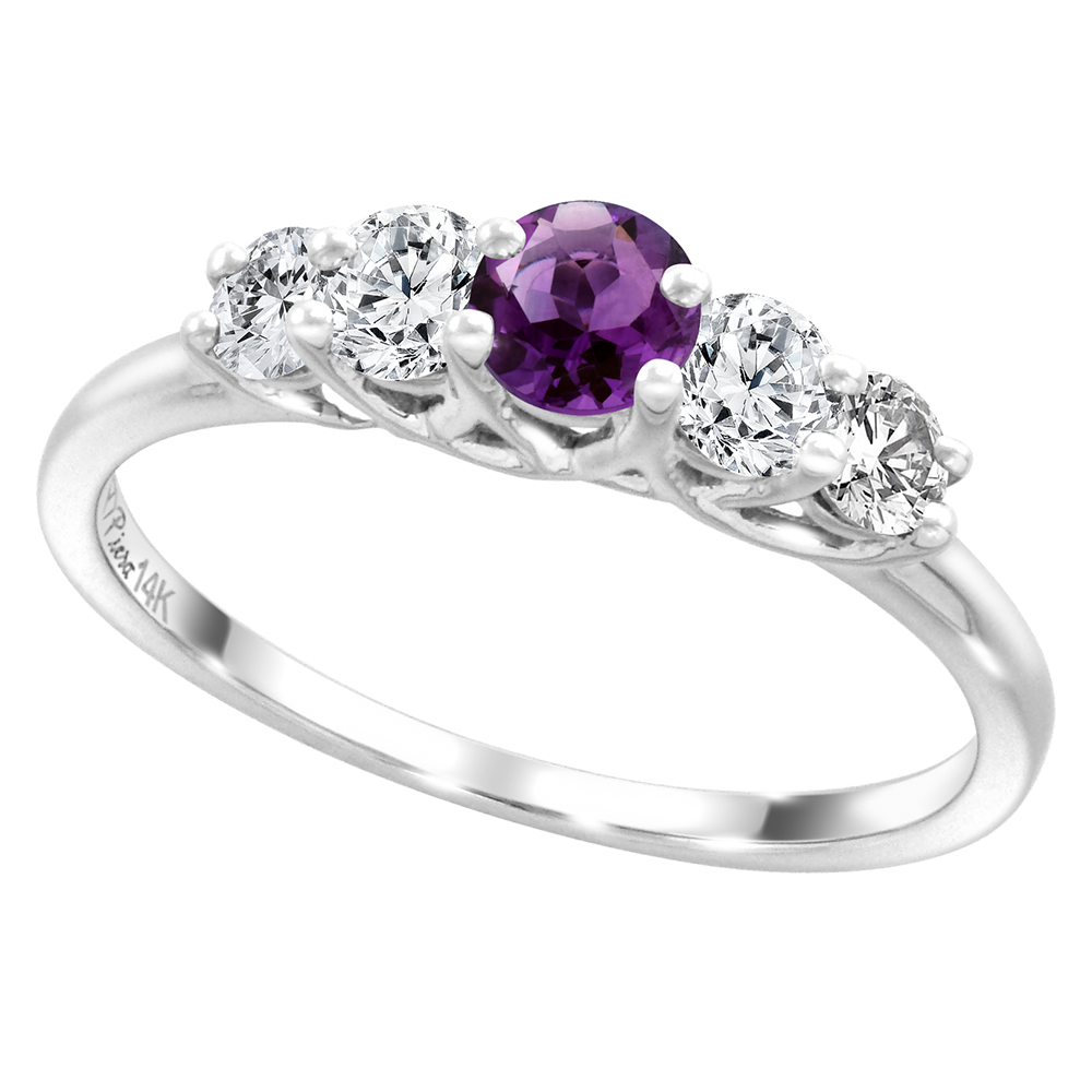 14k White Gold 0.4ct Diamond & Genuine Amethyst 5-Stone Ring Round Brilliant cut 3.6mm, size 5-10