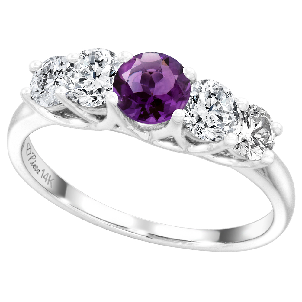 14k White Gold 0.7ct Diamond & Genuine Amethyst 5-Stone Ring Round Briliant cut 4.8mm, size 5-10