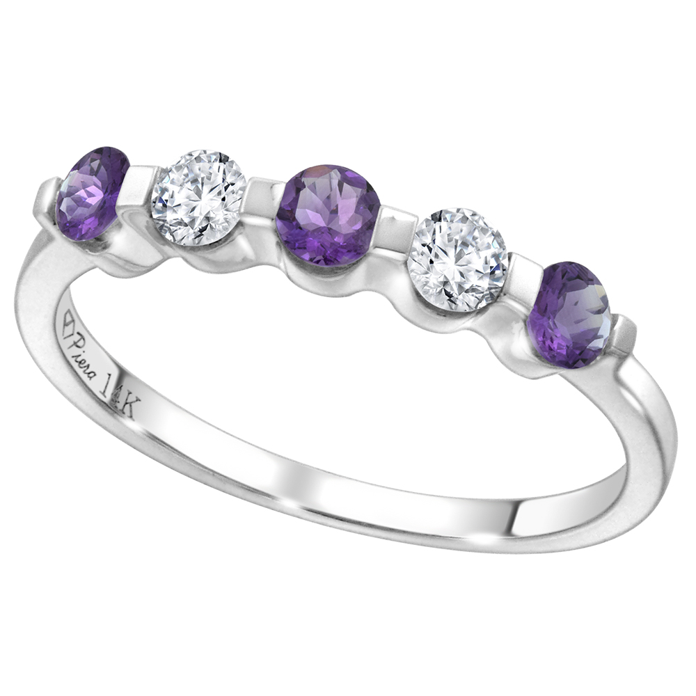 14k White Gold 0.23ct Diamond & Genuine Amethyst 5-Stone Ring Round Brilliant cut 3mm, size 5-10