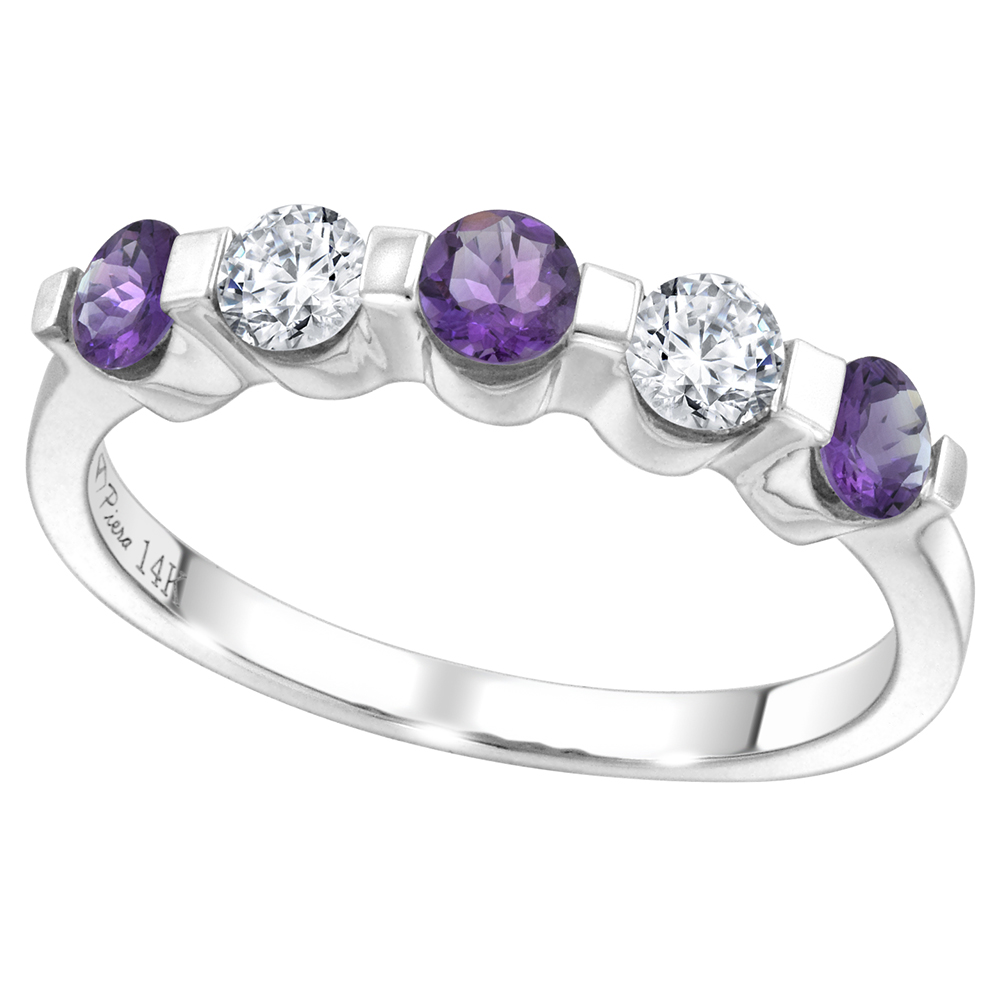 14k White Gold 0.33ct Diamond & Genuine Amethyst 5-Stone Ring Round Brilliant cut 3.4mm, size 5-10