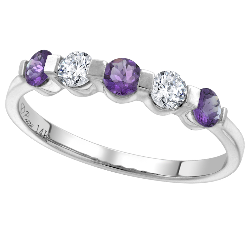 14k White Gold 0.23ct Diamond & Genuine Amethyst 5-Stone Ring Round Brilliant cut 3mm, size 5-10