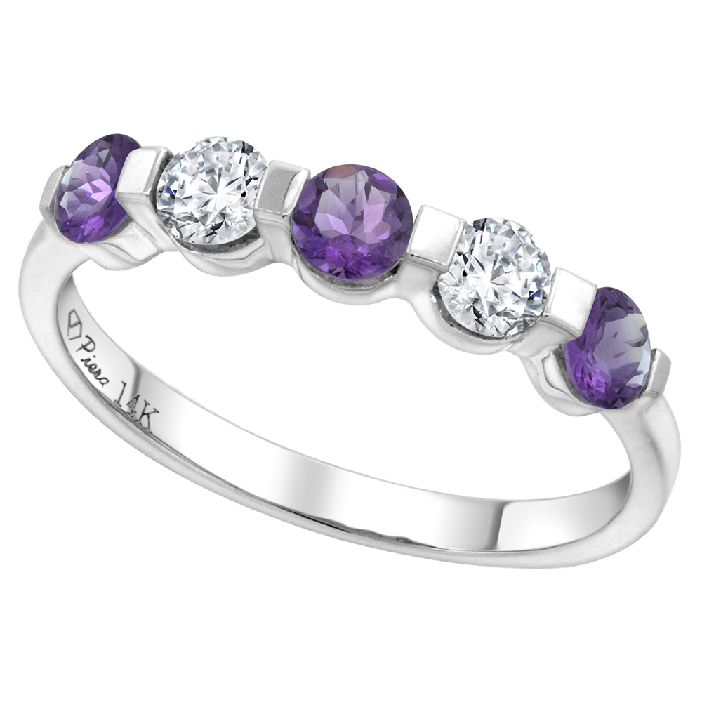 14k White Gold 0.33ct Diamond & Genuine Amethyst 5-Stone Ring Round Brilliant cut 3.4mm, size 5-10