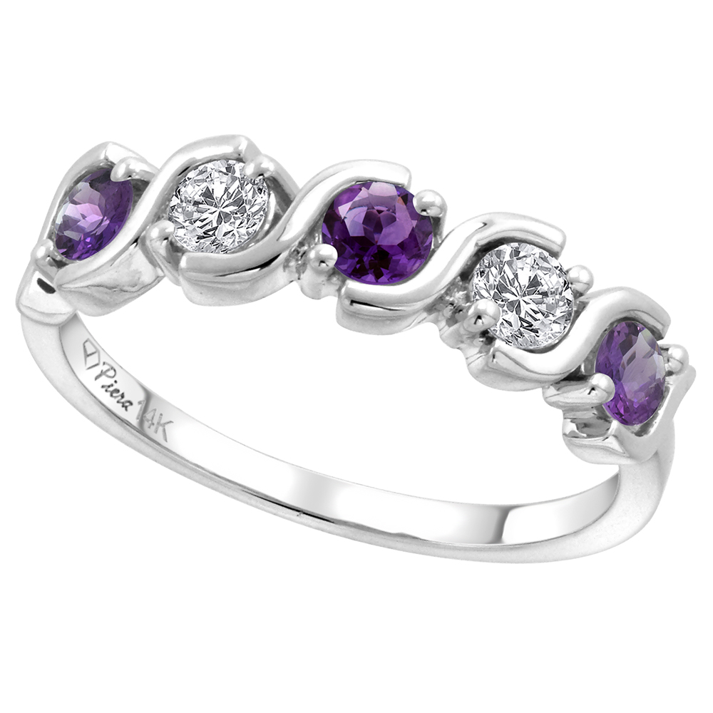 14k White Gold 5-Stone Diamond & Genuine Amethyst Ring Round Brilliant cut 0.23 cttw 3mm, size 5-10