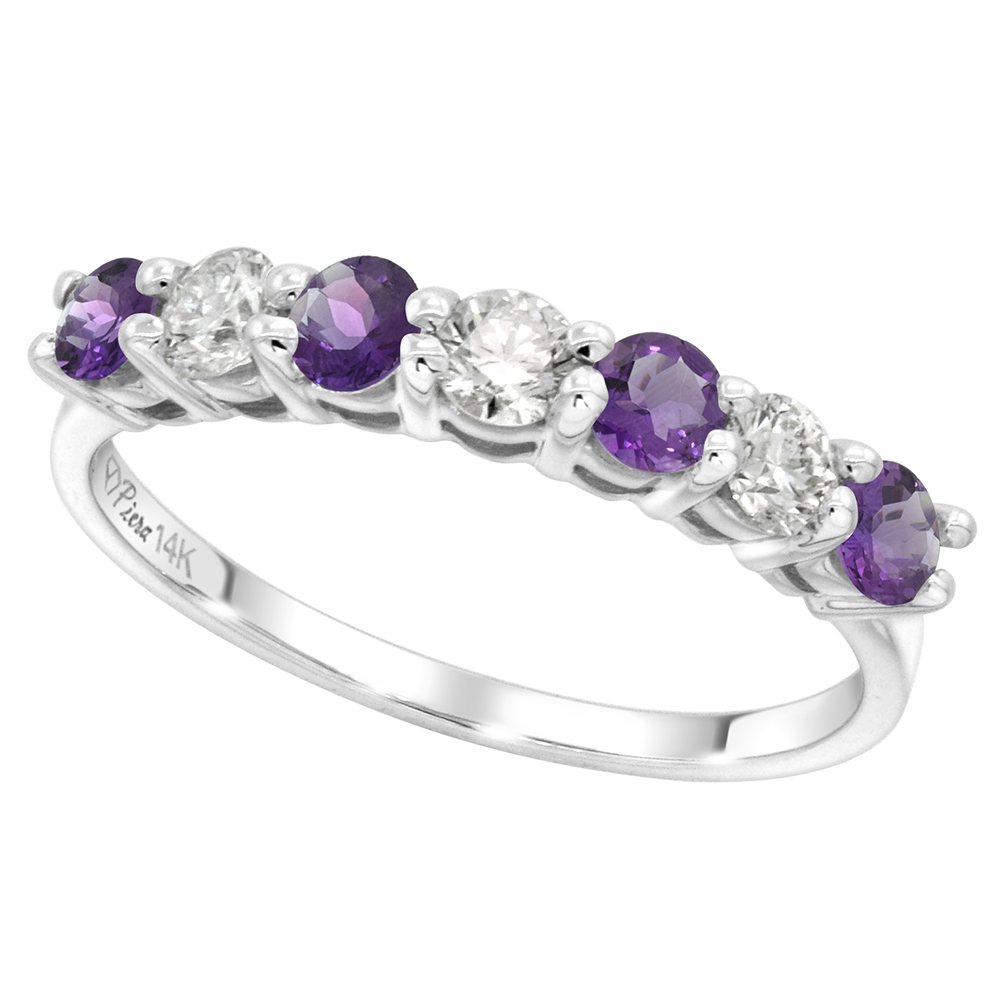 14k White Gold Genuine Amethyst and Diamond 7-stone Ring Round Brilliant cut 0.35ct 3mm, size 5-10