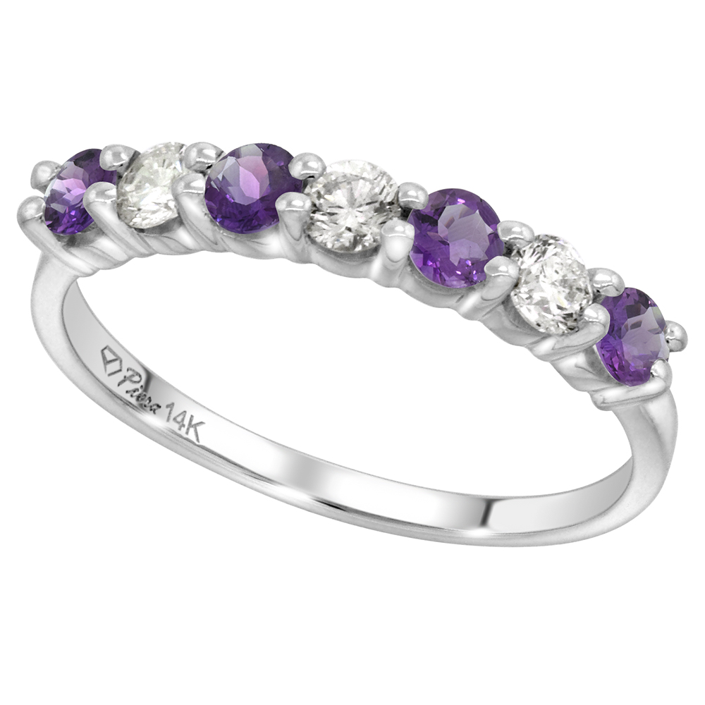 14k White Gold Genuine Amethyst and Diamond 7-Stone Ring Round Brilliant cut 0.35cttw 3mm, size 5-10